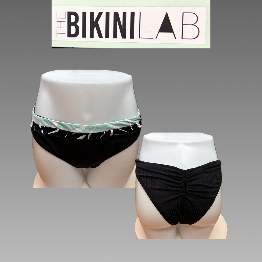 The Bikini Lab XXL Black Ribbed Ruched Back Bikini Bottoms Mint Abstract Print